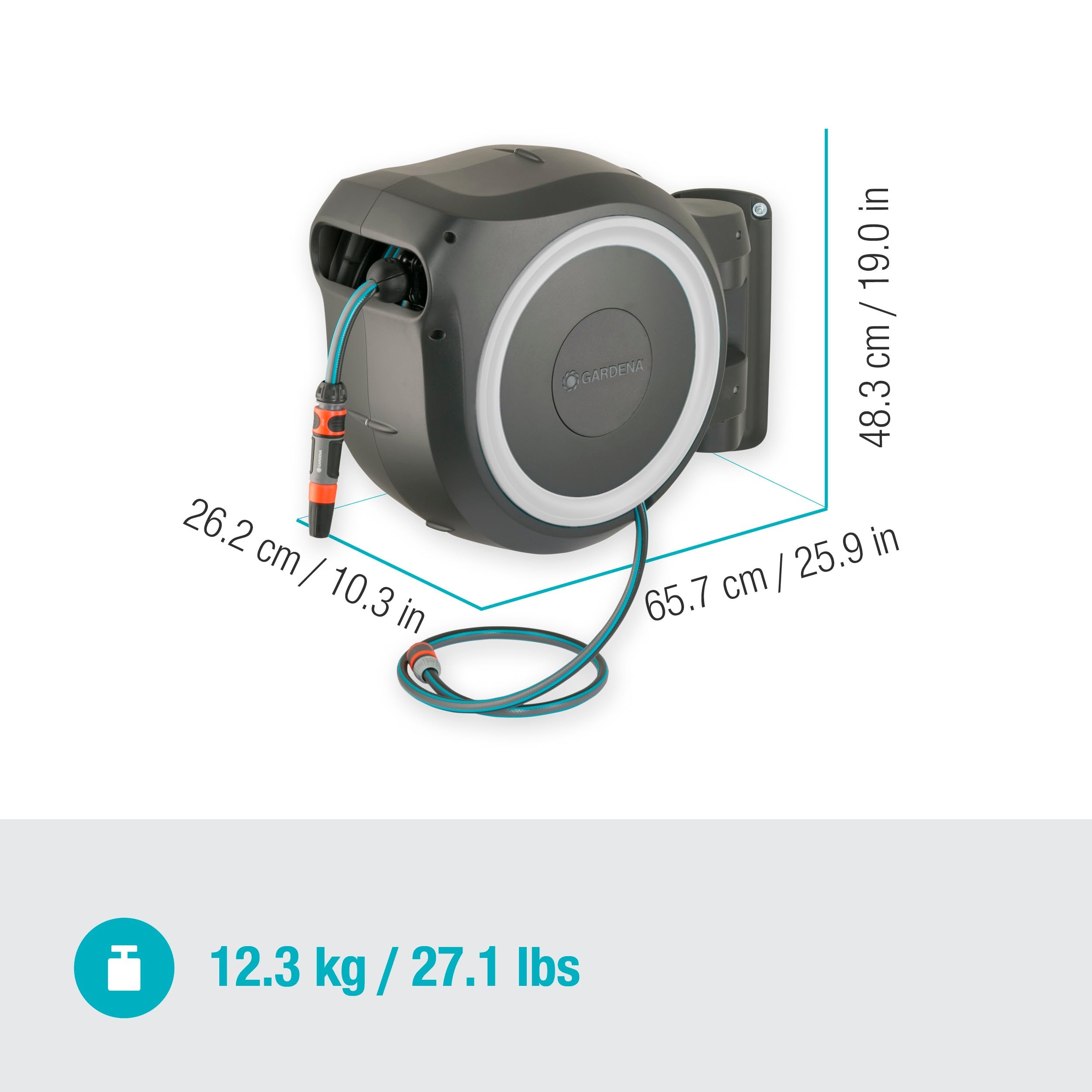 Gardena Wand-Schlauchbox RollUp L (weiß) 30 m exklusiv für Amazon: Schwenkbare Schlauchbox, integrierte Schlauchführung, inkl. 30 m Gardena Qualitätsschlauch, Reinigungsspritze und Brause (18627-38) 9