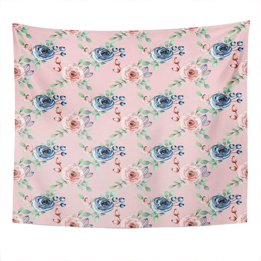 Suklly Tapestry Wall Hanging Dusty Rose Indigo Pink Flowers Botanical Hand Repeating Home Decor Polyester Living Bedroom Dorm 60 X 80 Inches Picnic Mat Beach Towel Bed Cover