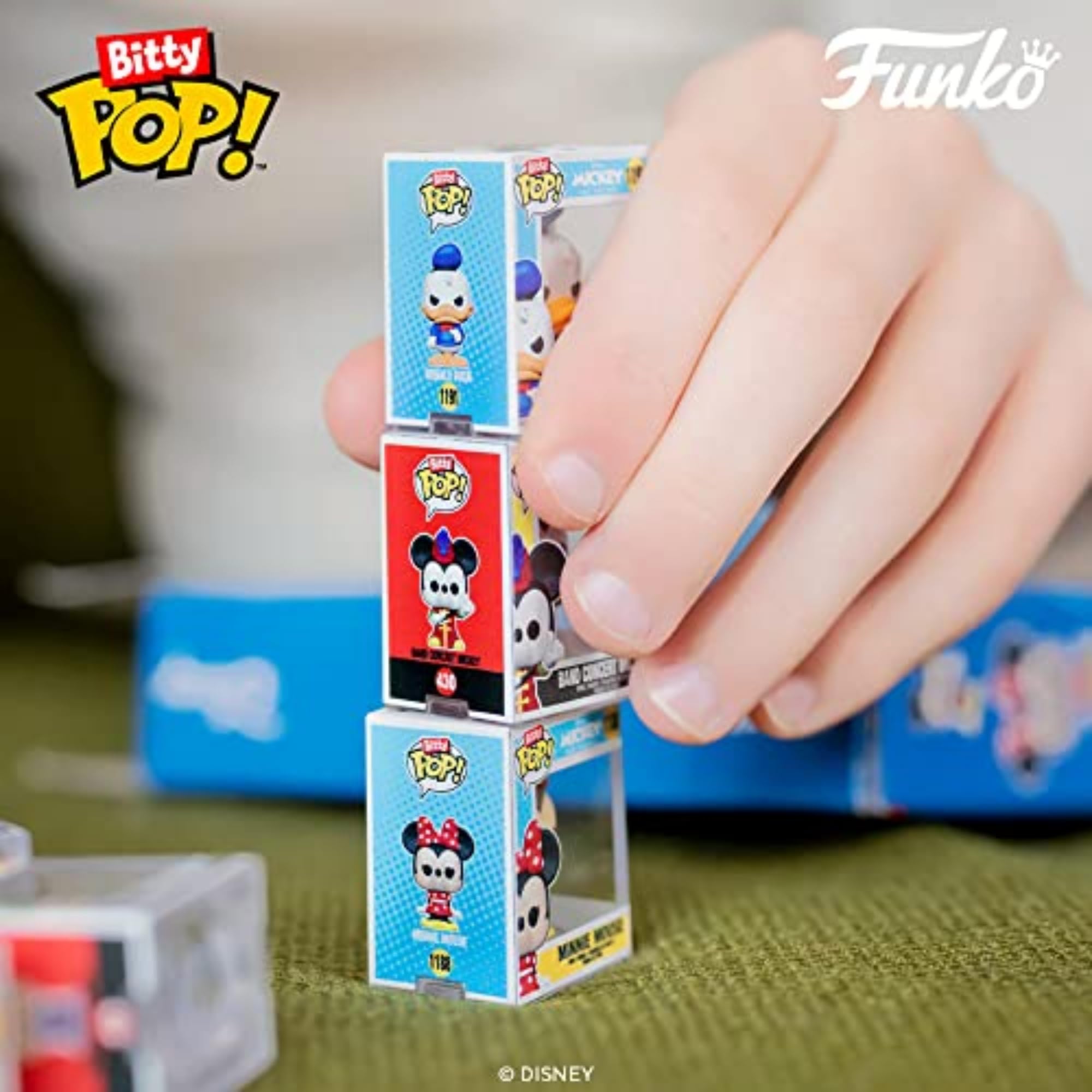 Funko Bitty POP! Disney - Mickey, 4-Pack - Mickey Mouse, Minnie Mouse (Pink Dress), Pluto and A Surprise Mystery Mini Figure - 0.9 Inch (2.2 Cm) Collectable - Stackable Display Shelf Included