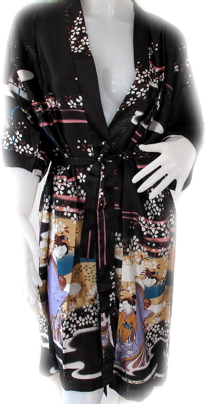 Bath Robe Japanese Kimono Satin and Silk Black