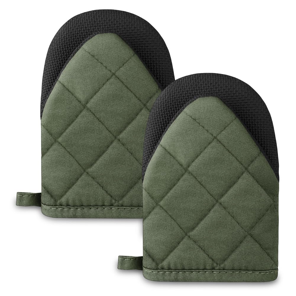 AUAUY 1 Pair Short Oven Mitts, Green Heat Resistant Neoprene Cotton Mitt, With Surface And Hanging Loop Mits, Kitchen Mini Mitts Cute for Cooking, Baking Grilling, (M1-3507172)