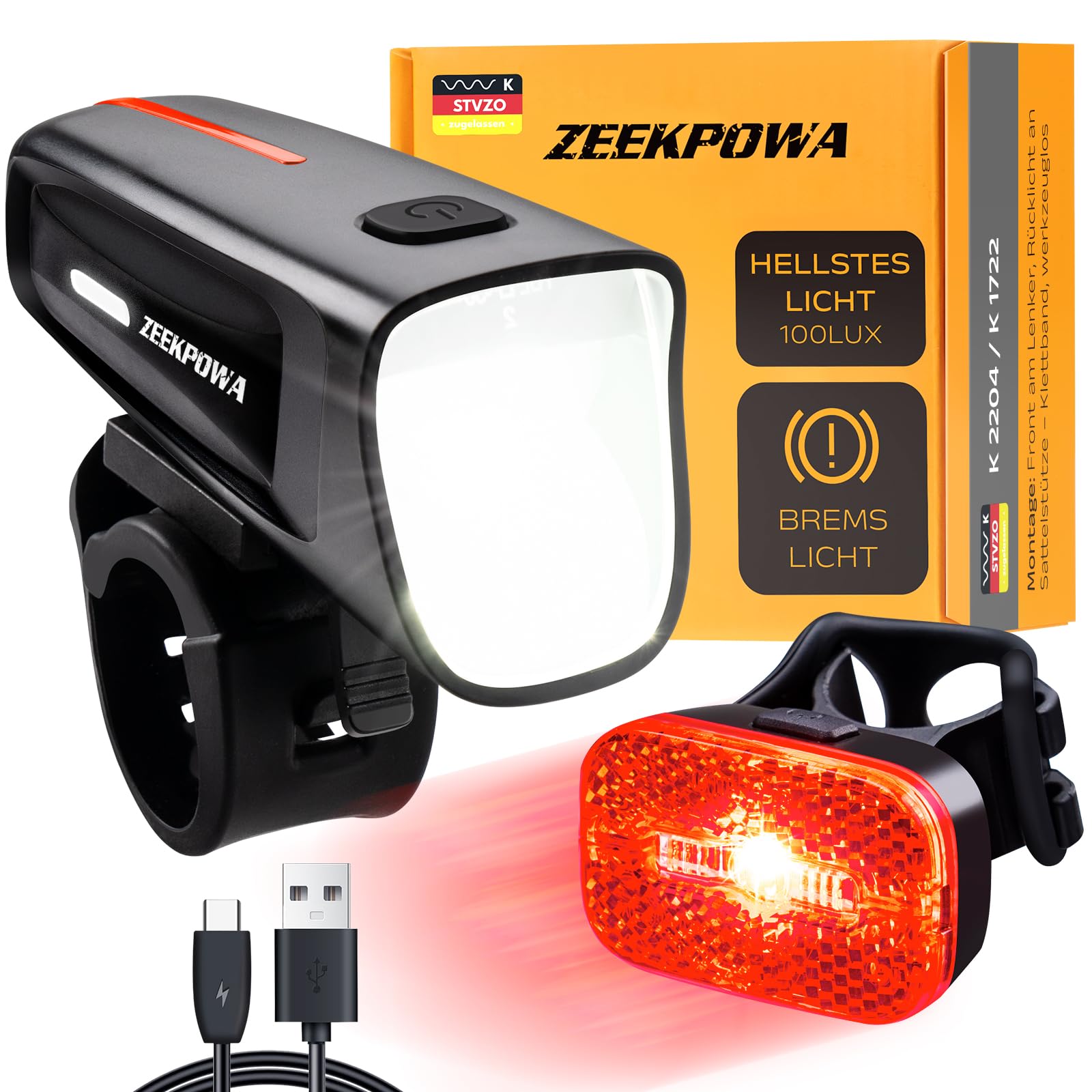 Fahrradlicht Set 100 Lux StVZO, USB-C Akku Vorderlicht + Rücklicht mit Bremslichtfunktion, wasserdicht IPX5 für Pendler & Nachtfahrten