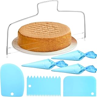 7 Stück Verstellbarer Tortenbodenteiler Kuchenschneider Edelstahl Tortenschneider mit 2 gezahnten Schneiddrähten,Spritzbeutel Wiederverwendbar und Kuchenschaber Kuchenglasur Glatteres Werkzeug