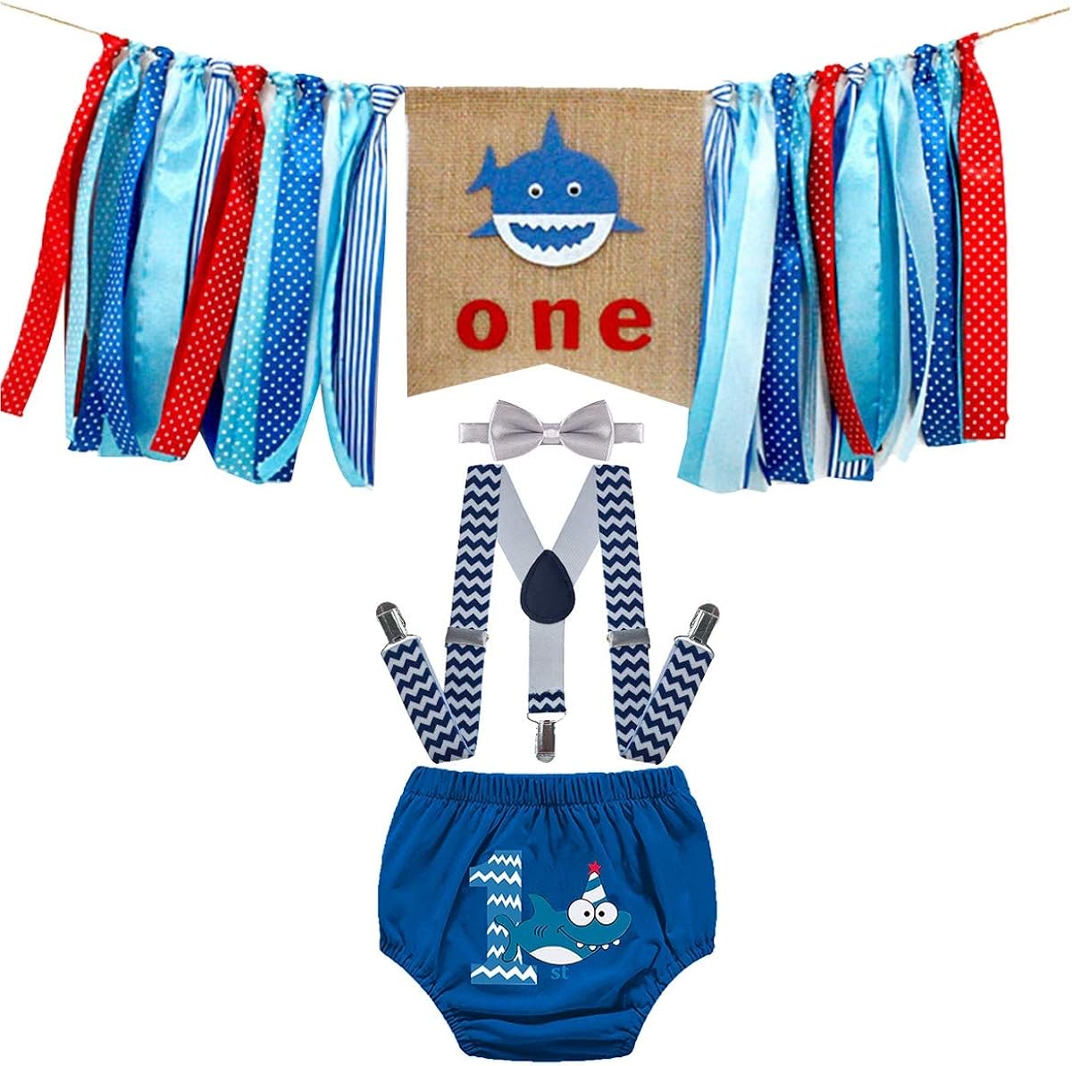 MYRISAM Baby Shark 1st Birthday Cake Smash Photo Prop Outfits Decorations Kit Highchair Banner Bloomers Suspender Bowtie