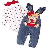 TOKIAGO Baby Girl Clothes Outfits Fall Winter Cute Love Romper Bear Cartoon Overalls Jeans Pants Headband Set 0-18 Months