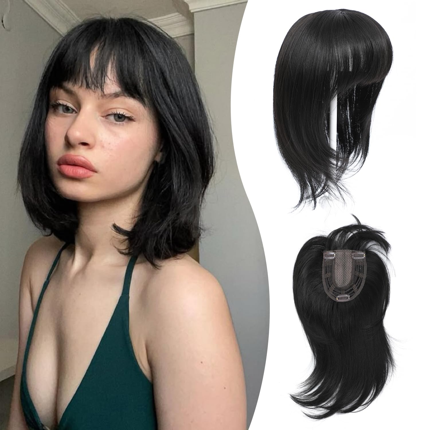 Photo 1 of Ms Taj 12 Inch Hair Topper with Bangs, 360° Cover Synthetic Clip in Bangs, 4"x5" Bangs Natural Straight Fiber Hair Toppers for Women, Breathable & Comfortable for Daily Wear(Natural Black)
