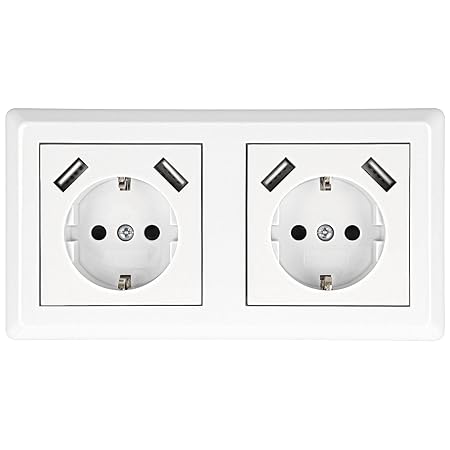 Minadax® Schutzkontakt Doppel-Steckdose mit 4x USB, Passt in 2-fach Unterputzdose, Laden aller mobilen Geräte Ipod Iphone Ipa