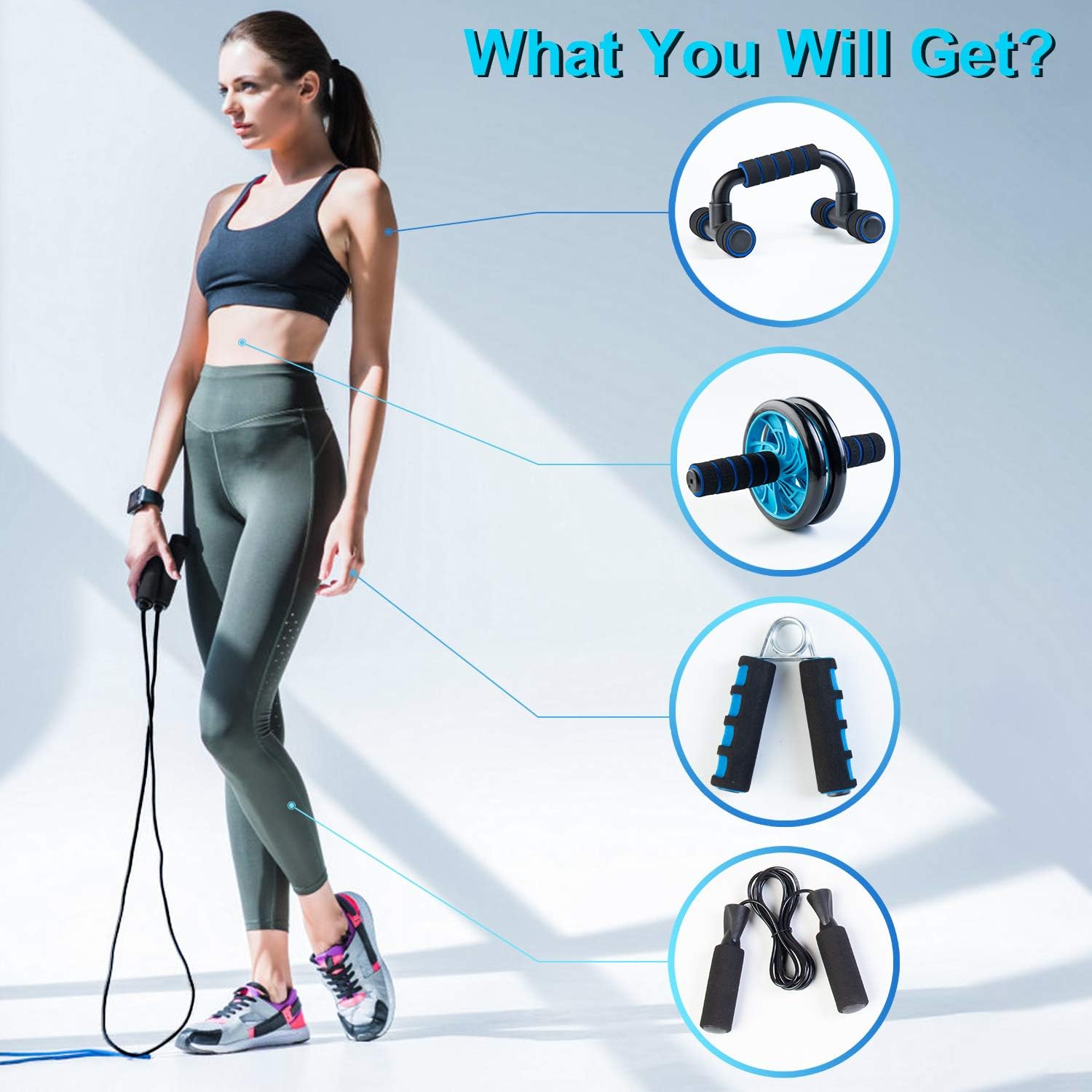 BOSWELL Ab Roller Wheel, 5-in-1 Ab Roller Kit with Knee Pad, Grip, Skipping Rope, Resistance Bands, Pad Push Up Bars Handles Grips, Perfect Home Gym Equipment for Men Women Exercise : Sports & Outdoors