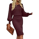MIROL Women's Casual 2026 Long Puff Sleeve Solid Bodycon Midi Dress Ribbed Knit Oversized Pullover Sweater Dress
