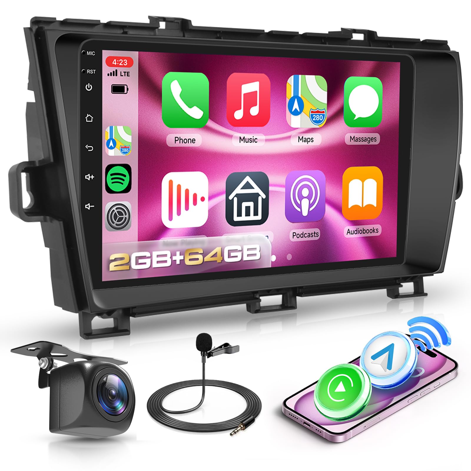 Photo 1 of 2G+64G Car Radio for Toyota Prius 2010-2015 with Wireless CarPlay/Android Auto, 9 inch Android 13 Touch Screen Stereo, GPS Navigation/WiFi/Bluetooth/Mirror Link/SWC + HD Backup Camera