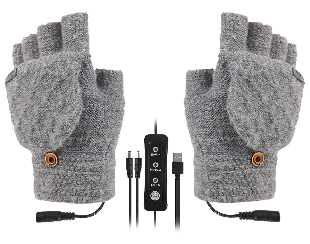 SoulQool Unisex Adjustable Temperature USB Heated Gloves,Knitted Washable Half & Full Fingers Warmer Laptop Gloves Winter Mittens with 3 Temperature Levels