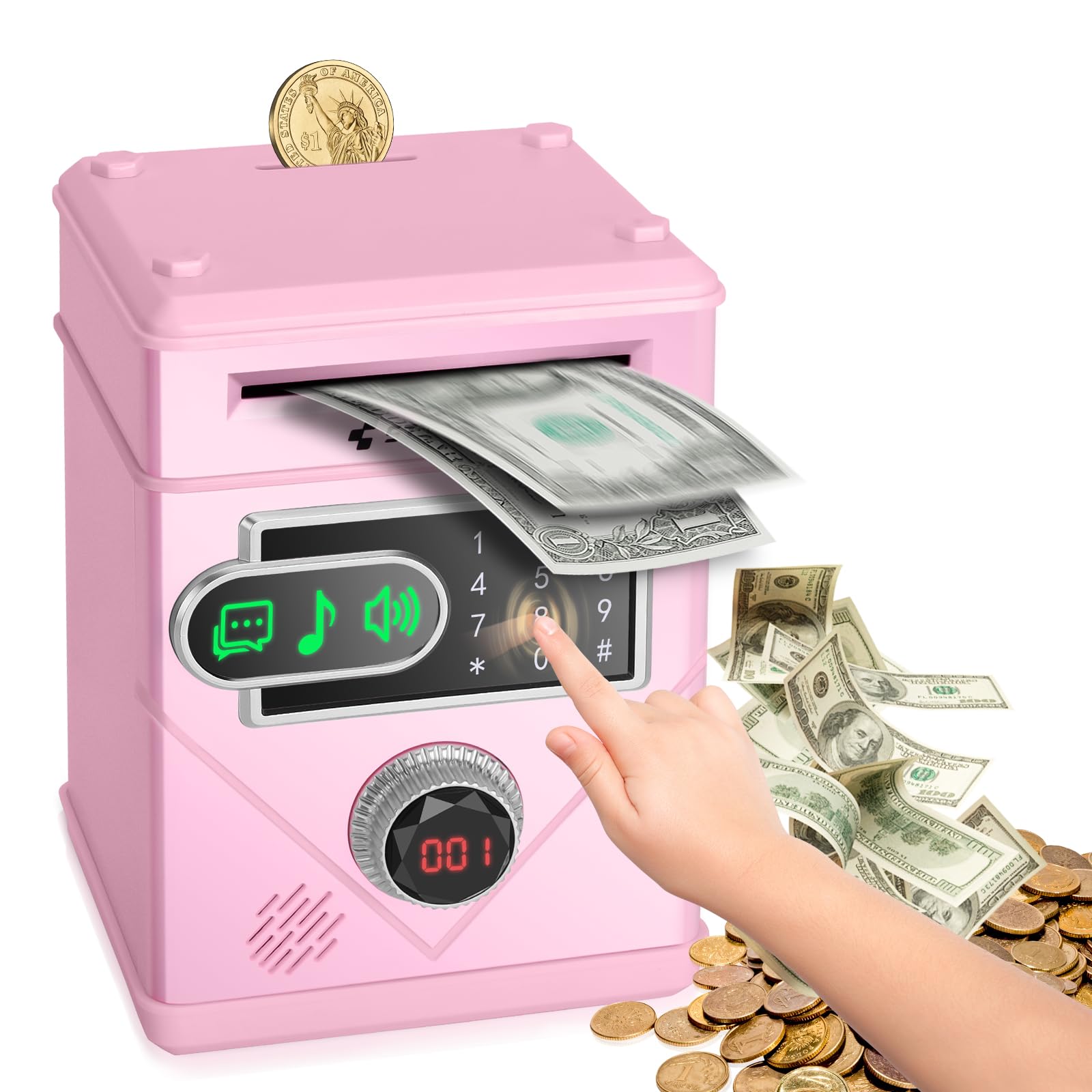Refasy Touchscreen Piggy Bank ATM Bank Toy for Kids Age 3-12, Electronic Money Bank Coin Bank with Music Kids Safe Birthday Xmas Gifts Toys for 3 4 5 6 7 8 9 10 11 12 Year Old Boys Girls (Pink)