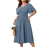 RWJ Women's Plus Size Maxi Dress V Neck Short Sleeve Swiss Dot A Line High Waist Boho Swing Casual Summer Dresses