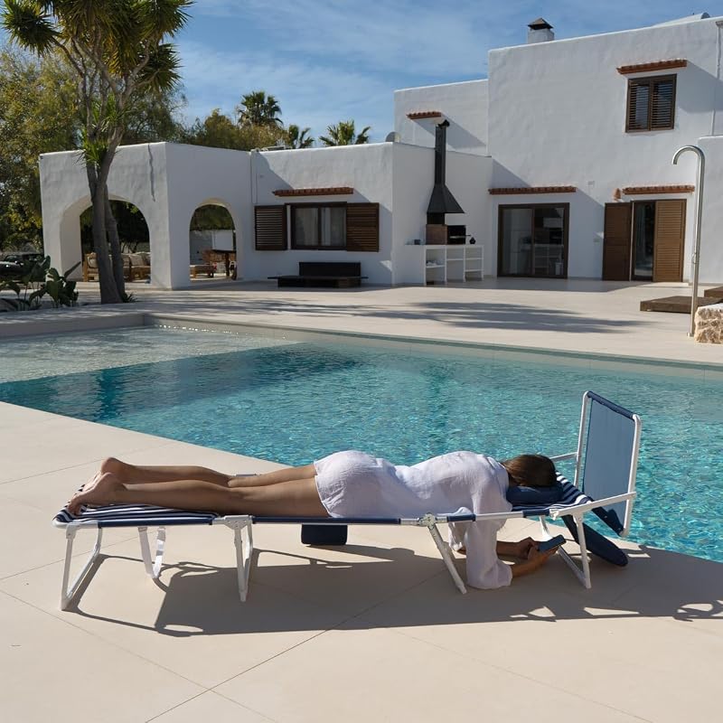 Chaise de Plage - Transat Pliable - 5 Positions - Parasol Réglable UPF 50+ - Trou pour la Tête et Bras - Oreiller Ergonomique - Aluminium et Polyester - Bleu