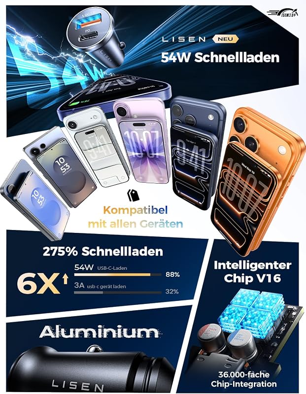54W Zigarettenanzünder USB C, PD&QC3.0 Auto Ladegerät KFZ