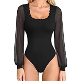 OQQ Women Bodysuits Long Sleeve One Piece Going Out Tops 2026 | Sheer Mesh Sleeve Bodysuits, Lace Trim Square Neck Bodysuits, One Piece Going Out Top Casual 2026