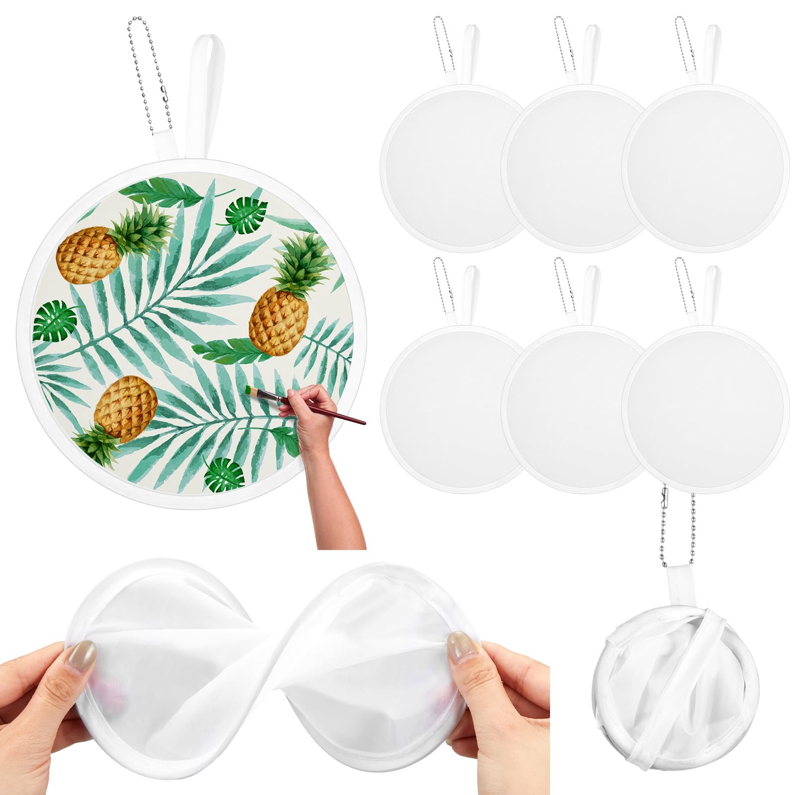 Namalu 6 Pcs Round Folding Handheld Fan Portable Japanese Style Summer Foldable Fan for Wedding gift outdoor Games decor Festival Party Favors(White Colors,DIY)