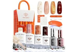 Modelones Gel Nail Polish Kit with UV Light, Milky White Burgundy Red Nude Glitter Gold Winter Christmas Metallic Manicure Set with Base Top Coat Star Stickers 4 Colors Gel Mini Salon Nail Art Gift