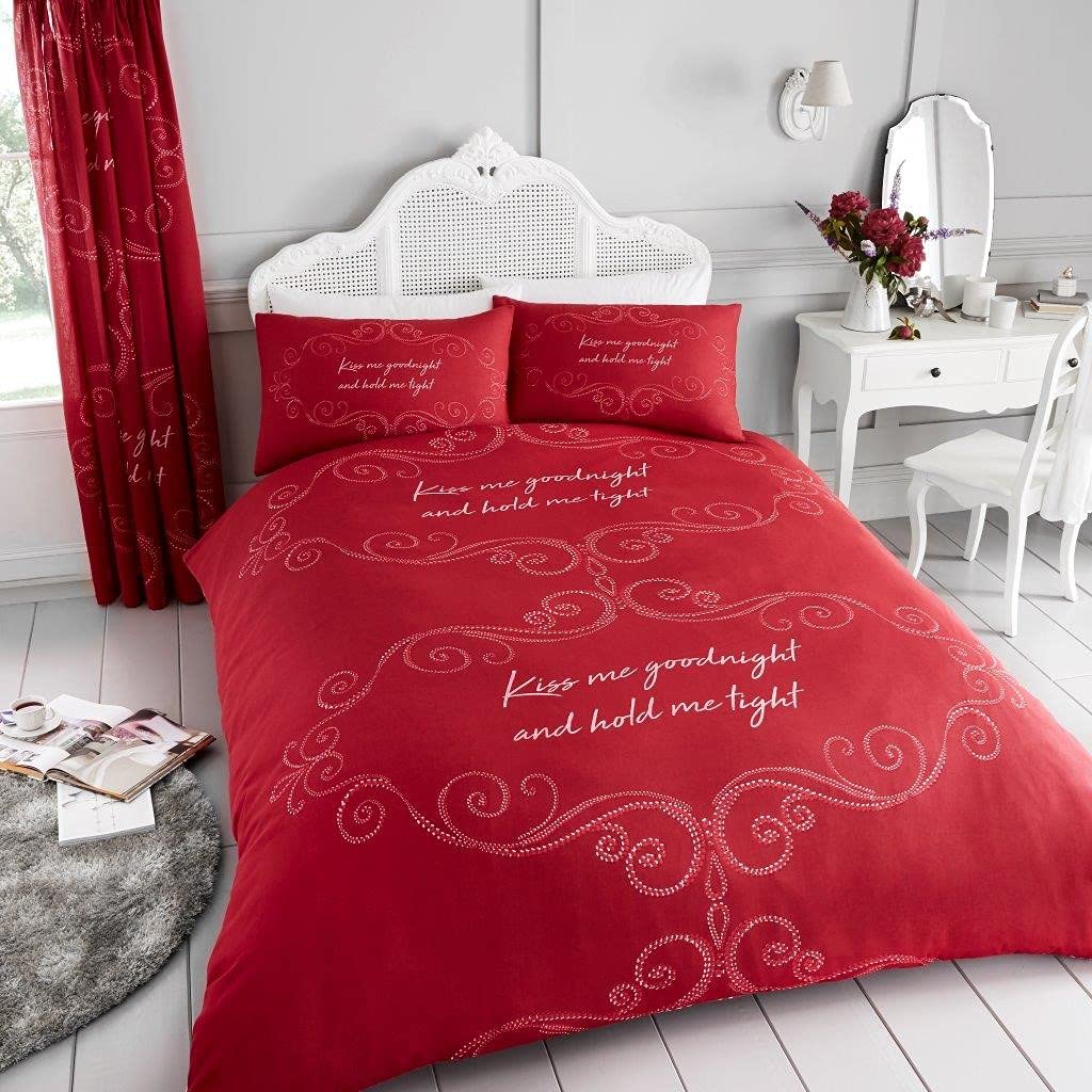 GC GAVENO CAVAILIA Gaveno Cavailia Luxurious Bed Set with Duvet Cover and Pillow Cases, Polyester-Cotton, Double, Linen, Good Night Red