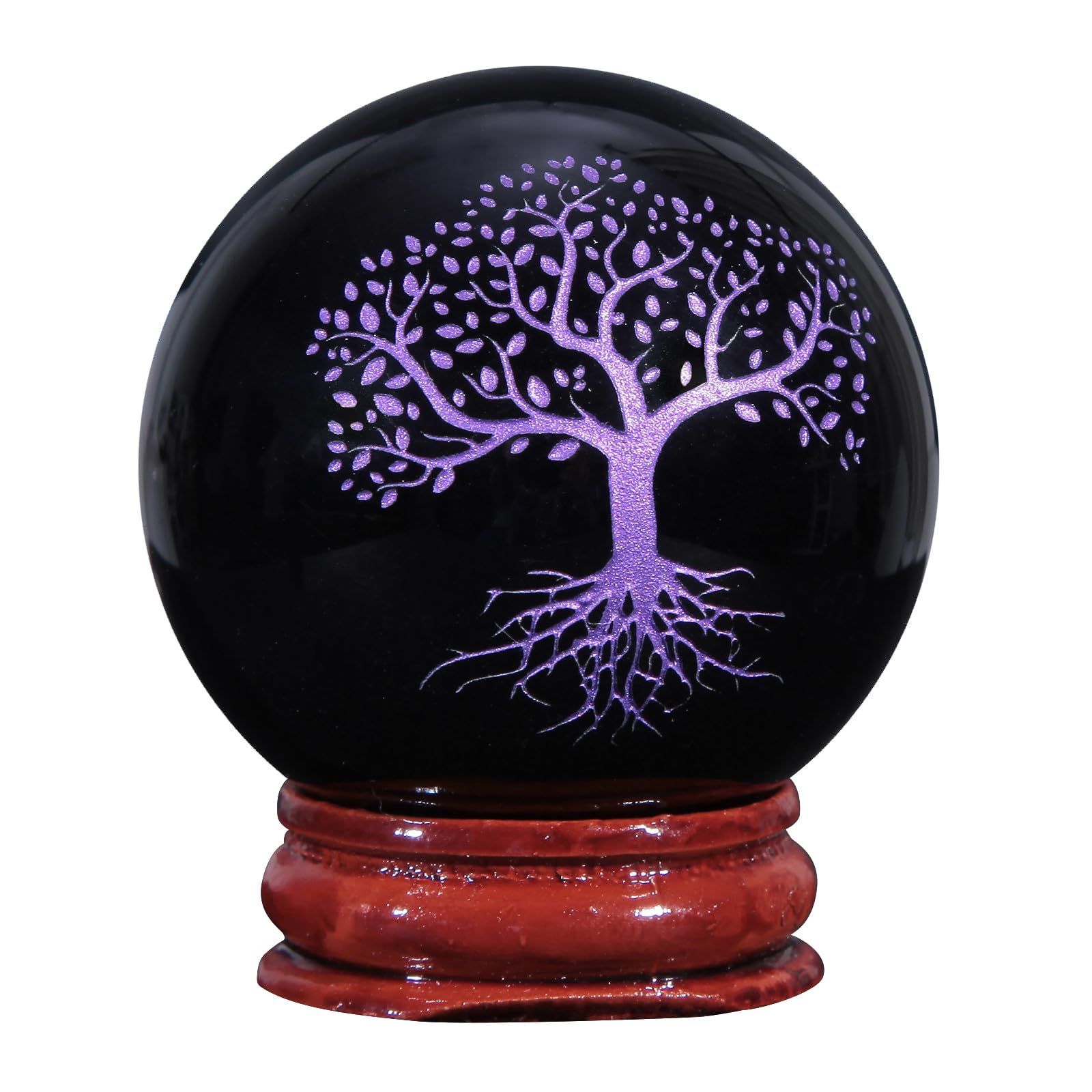 Nupuyai 1.9" Engraved Symbol Obsidian Crystal Ball with Stand, Polished Feng Shui Crystal Sphere Stone Ornament Home Office Decor, Tree of Life, Purple