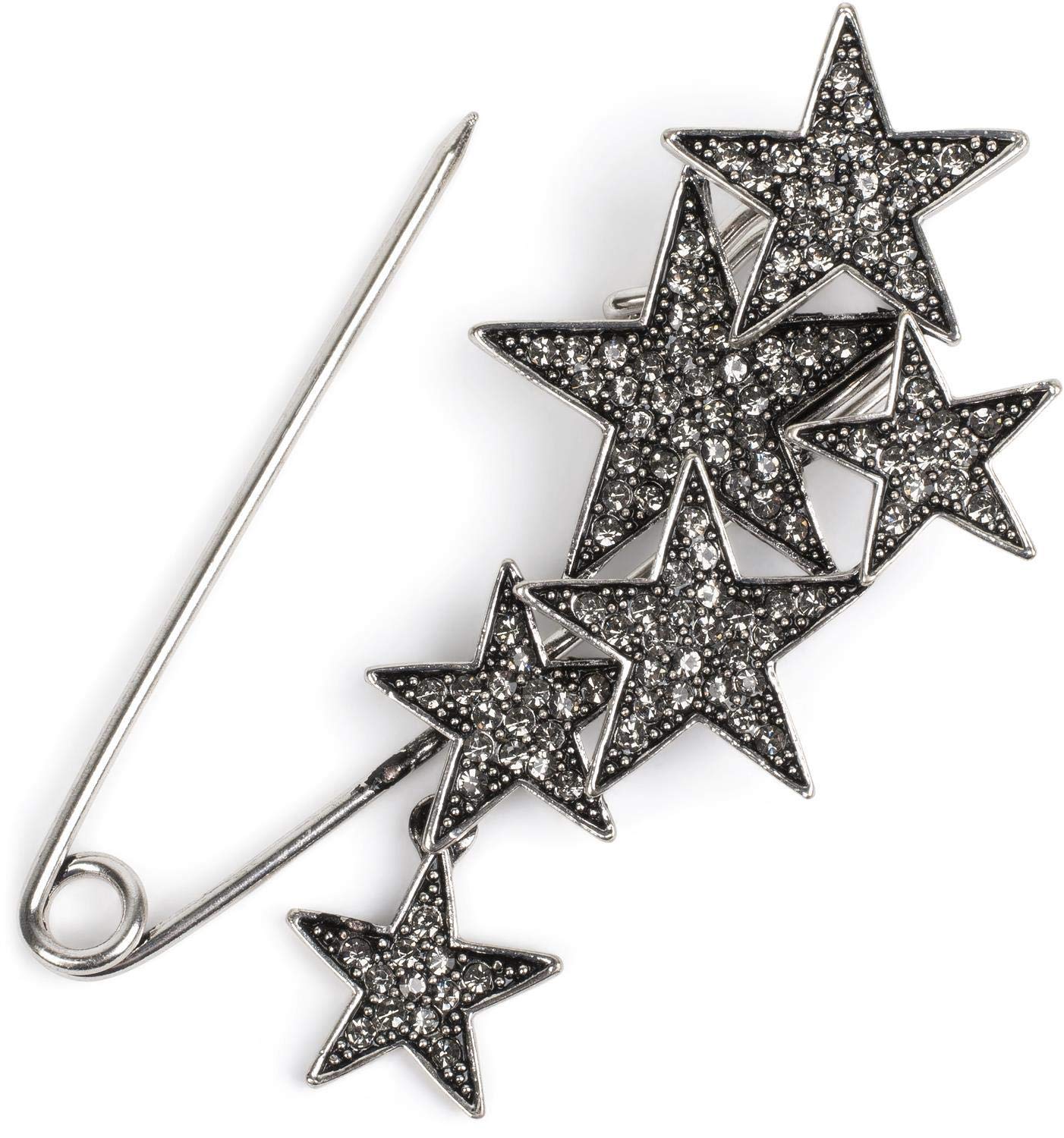 styleBREAKER women decorative pin with rhinestone stars for ponchos, shawls or scarves, safety pin, 05050072, Colour:Silver/Black