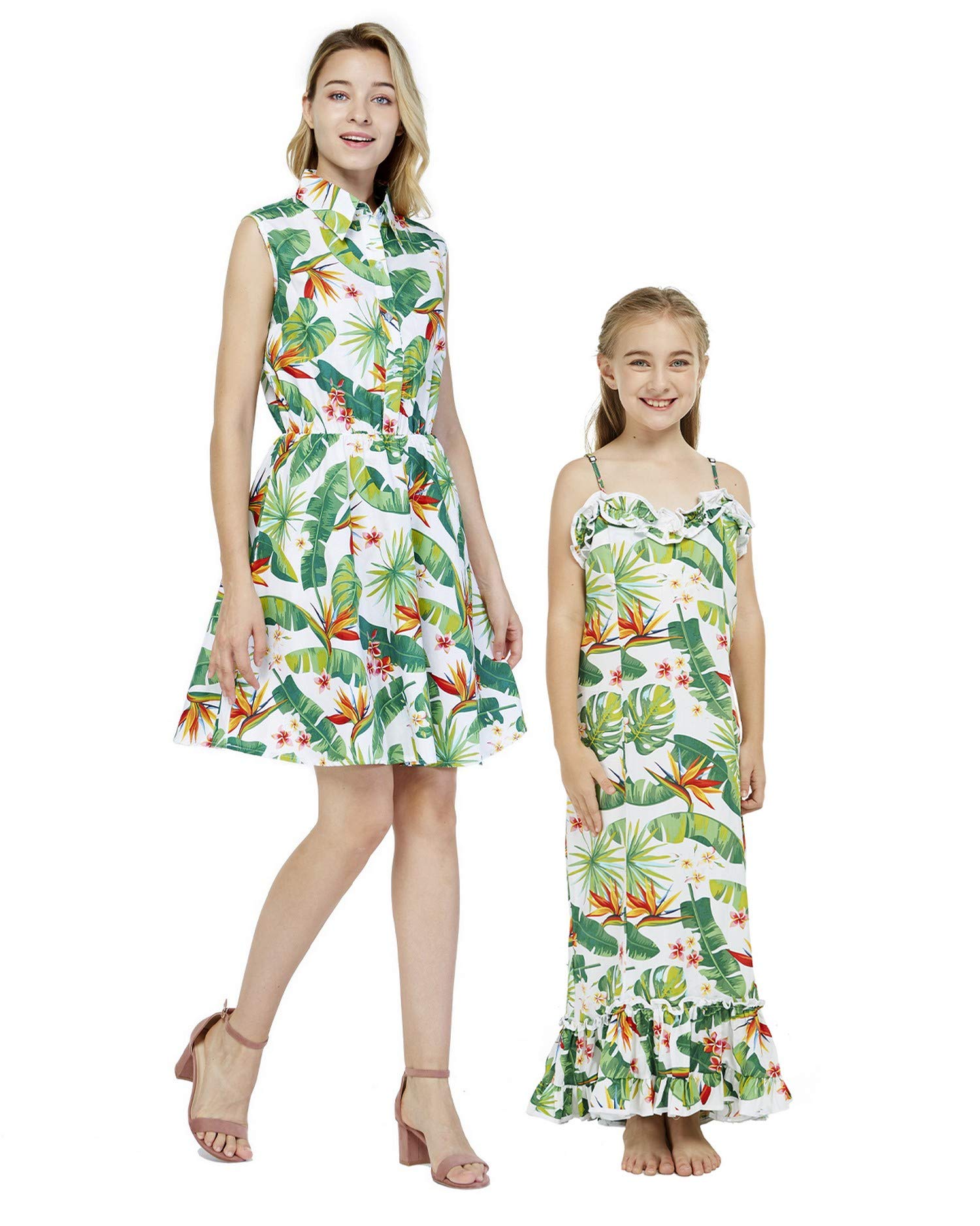 Matching Hawaiian Luau Mother Daughter Shirt Dress and Muumuu Dress in Bird of Paradise