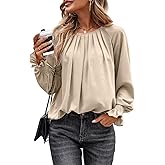 Theenkoln Womens Pleated Tunic Tops: Crew Neck Long Sleeve Solid Color Casual Trendy Work Business Blouses Tops
