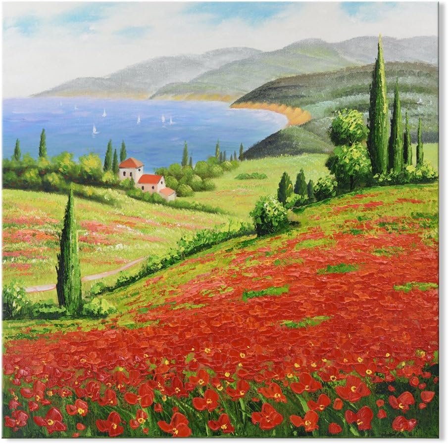 Amazon Com Seven Wall Arts Red Poppies Flower Field Painting 100 Hand Paitned Modern Knife Texture Landscape Italy Tuscan Decorative Artwork With Stretched Frame For Home Decor 32 X 32 Inch Paintings