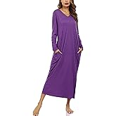 Marvmys Women Cotton Long Nightgowns Long Sleeves Nightshirts V Neck Full Length Sleep Shirts with Pocket