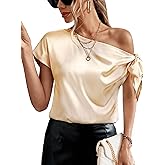 AISWI Women's 2024 Off Shoulder Satin Tops Elegant Casual Short Sleeve Asymmetrical Neck Silk Blouses Shirts