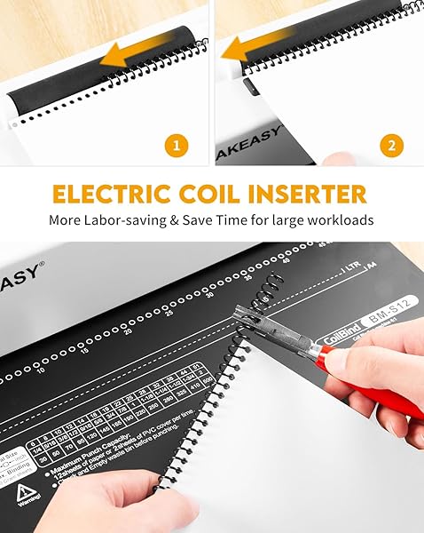 MAKEASY SPIRAL BINDING MACHINE, 12 SHEETS PUNCH CAPACITY, ELECTRIC COIL INSERT, BOOK BINDER MACHINE FOR A4/A5/LETTER SIZE PAPER, COME WITH 1 BOX PCS 5/16” COILS & PLIERS