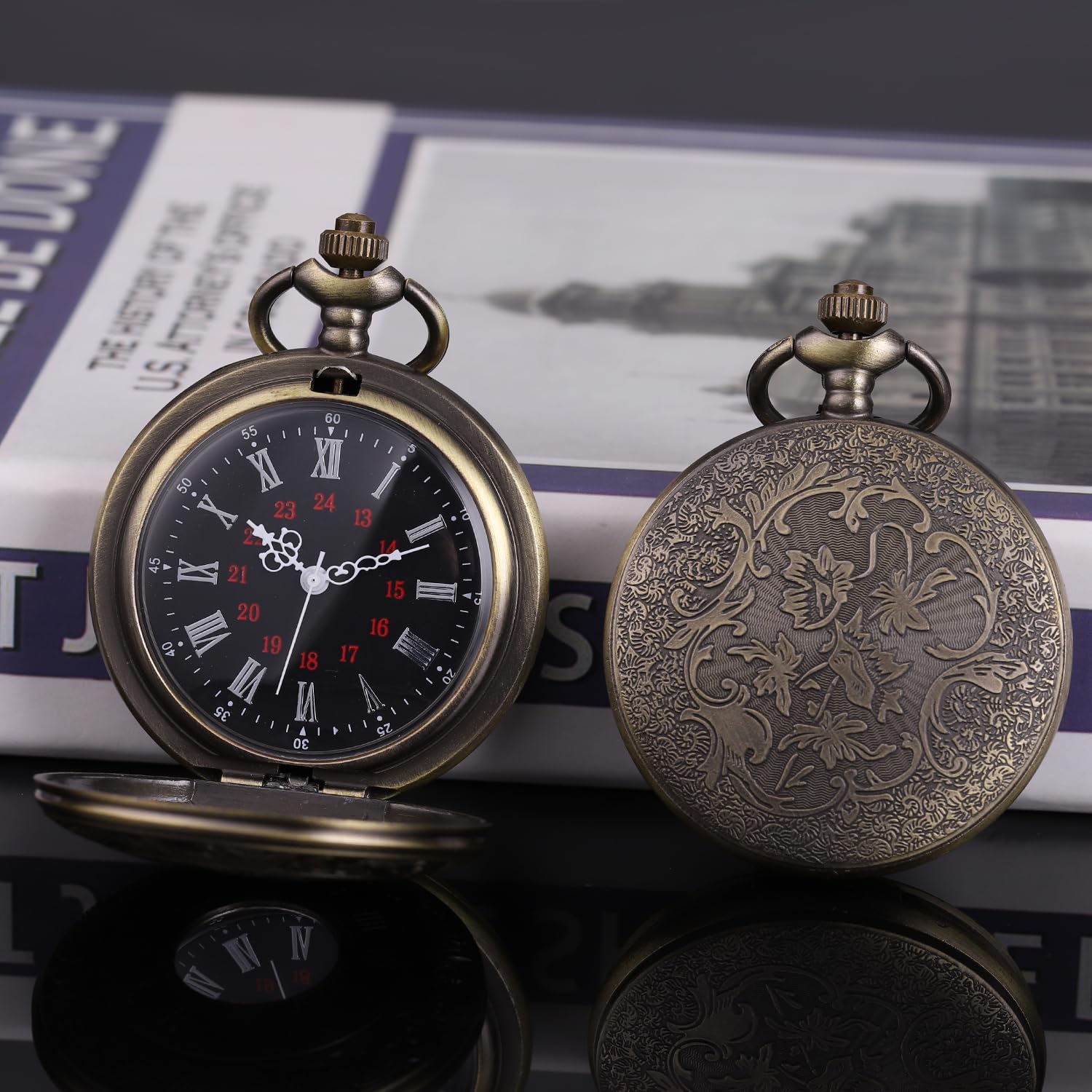 SIBOSUN Pocket Watches for Men Pocket Watch with Chain Quartz Pocket Watch Skeleton Antique Mens Roman Numerals Vintage Steampunk Pocket Watches Bronze