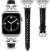 Leather Band Compatible with Apple Watch Bands for Women, Dressy Fancy Strap for iWatch Series 11/10/9/8/7/6/5/4/3/2/1/se(38mm 40mm 41mm 42mm,Black/Silver)