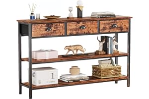 Furologee Long 47" Console Sofa Table with 3 Drawers, Entryway Table with 3-Tier Storage Shelves, Industrial Display Shelf for Entry Way, Hallway, Couch, Living Room, Kitchen, Foyer, Rustic Brown