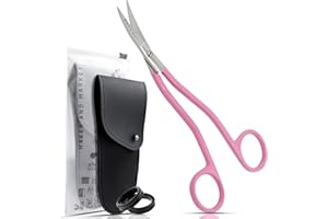 MAKER AND MARKET Applique Long Thin Needlepoint Blade 6.1 Inch - Double Bent Curved Offset Handle Scissors with Pouch Sleeve for Embroidery, Fabric, Thread, Knitting, Sewing, Arts & Craft (Pink)