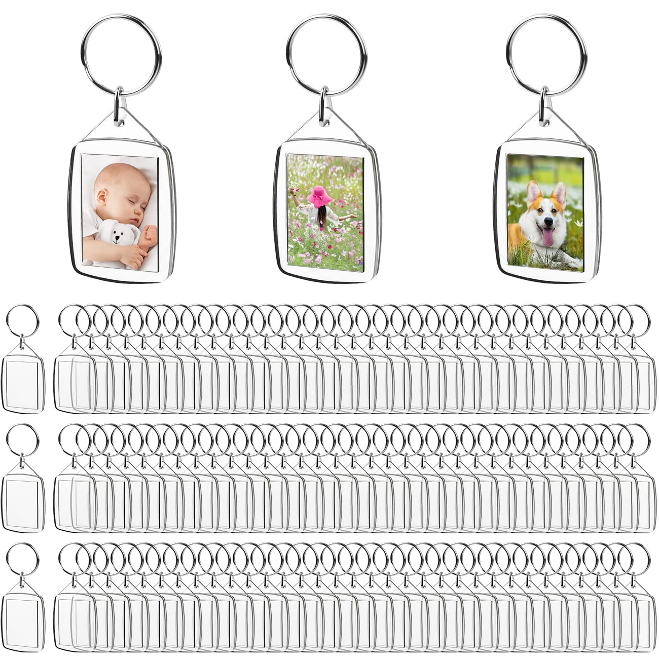 TMBMLPP Blank Photo Insert Keychains (100 Pack), Translucent Clear Acrylic Key Rings for Double-Sided Photos, Small Picture Frames Keychains for Family, Friends, Gifts & Craft 5.4 x 3.5cm