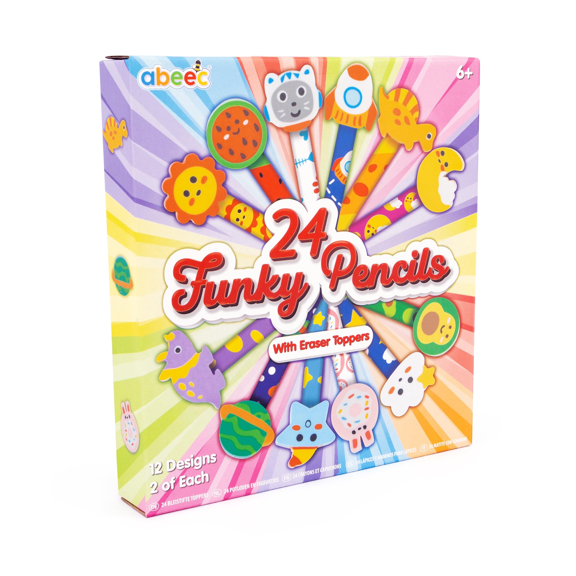 abeec 24 Funky Pencils with Erasers – Ideal for Kids' Party Bag Fillers, Stocking Fillers, Class Gifts, and Party Favors – Fun Stationery Set for Children