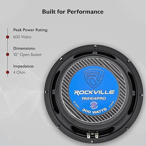 Rockville RM104PRO Mid-Range Pro Car Speaker, 10”, 600W, Ohm