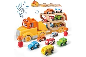 WANBORNS Toddler Toys for 2 3 4 5 Years Old Kids, Transport Car Carrier Truck Toy with 6 Wooden Vehicle, 30in Foldable Track Trailer with Light & Sound Effects, Best Gift Choice for Christmas, Birthday