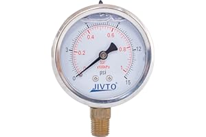 JIVTO Pressure Gauge,Glycerin Liquid Filled,2.5" Dual Scale Dia,0-15 psi/bar/kpa,1/4" NPT Male Brass Connection,Lower Mount, Stainless Steel Case,for Pneumatic,Pump,Hose,Well Tank,Gas Air Water Oil
