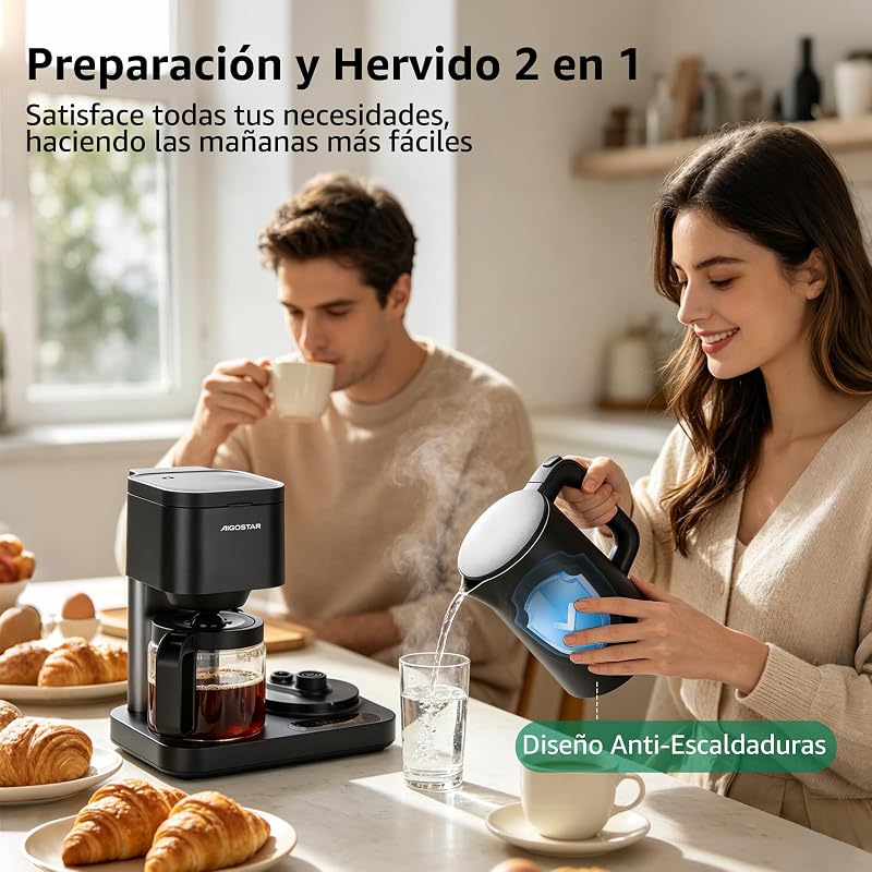 Cafetera de Goteo 3‑en‑1, 1600W, 1.3L/8 Tazas,Temp. 60‑100°C, Panel Táctil LED, 2 Filtros,Negro
