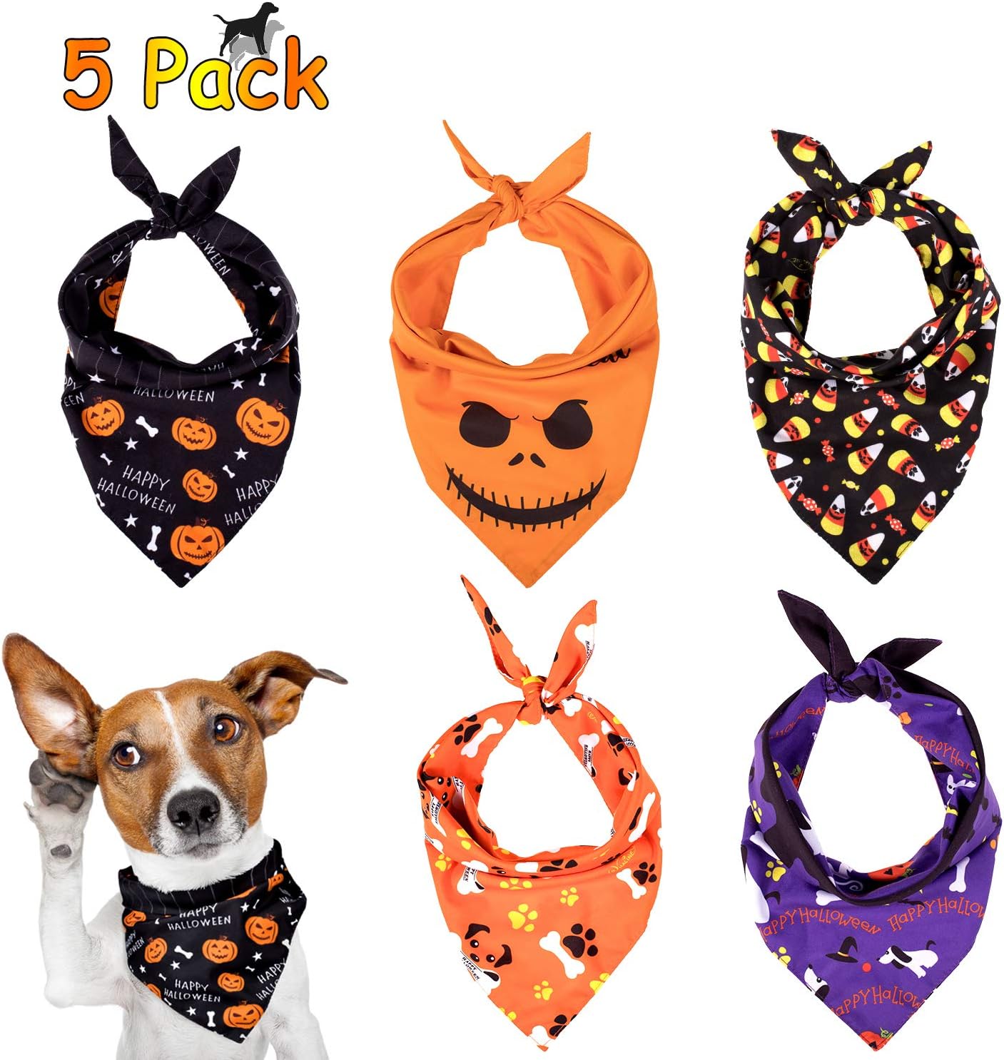 Whaline 5 Pack Halloween Dog Bandanas, Triangle Pet Scarfs Washable Pet Neckerchief Dog Bibs, Pumpkin, Ghost, Candy Corn and Bones Pet Bandanas : Pet Supplies
