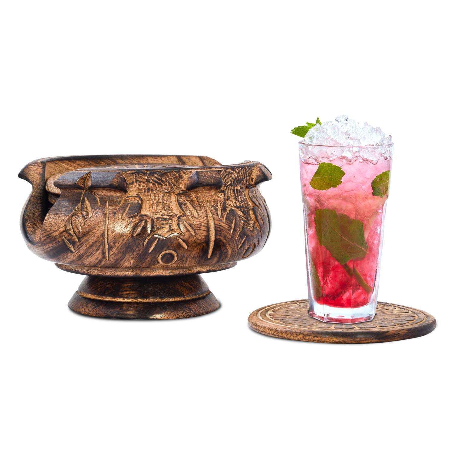 Divit Coasters Wooden for Drinks | Eco-Friendly & Absorbent Handcrafted Coasters with Antique Finish | Heat & Spill Resistant | Reusable Table Protection for Home & Bar Decor (Lotus)