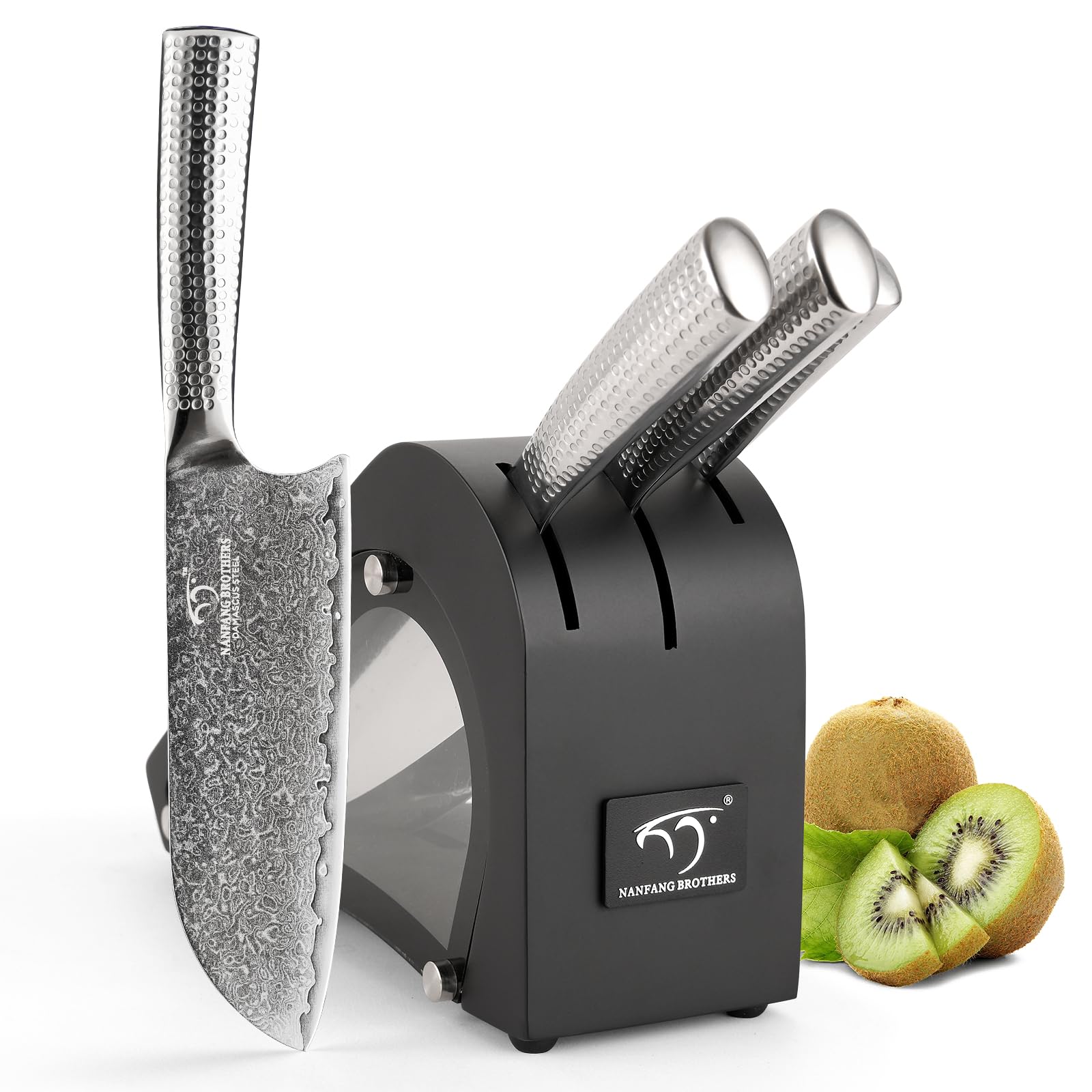 Damascus Kitchen Knife Set with Block, 4 Pieces Knife Block Set with Hammered Patterns Ergonomic Handles, 67 Layer Handmade Damascus VG10 Steel Core NF-D0519T-4B Image