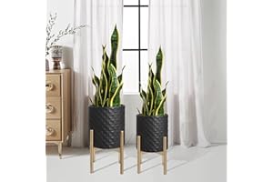 Oakrain Mid Century Planters for Indoor Plants, Set of 2, Modern Decorative Metal Planter Pots for Living Room, Office, Garden or Balcony, Black Planter with Stand, 8 inch & 10 inch