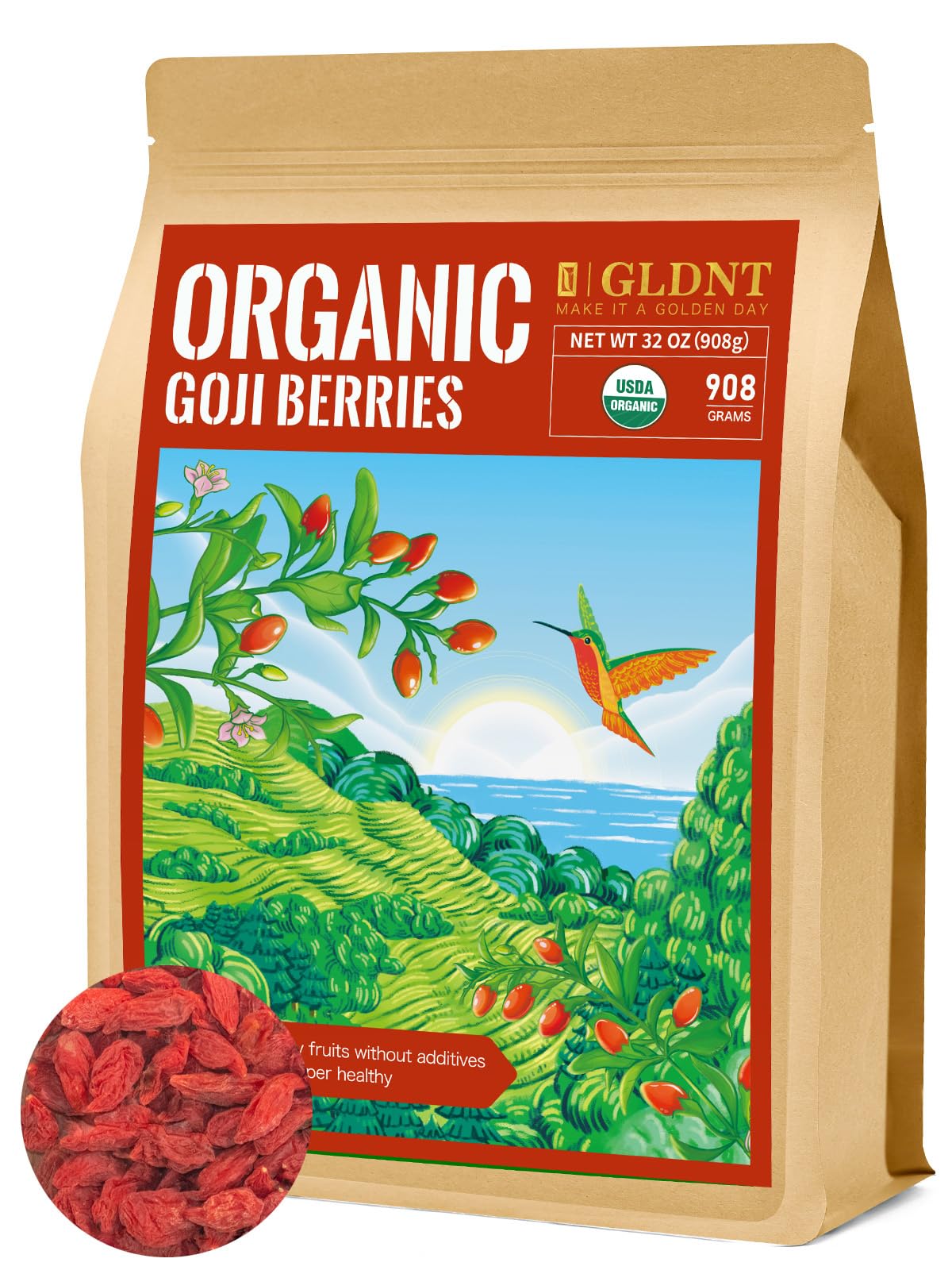 GLDNT Organic Goji Berries, Large Size Sun-Dried