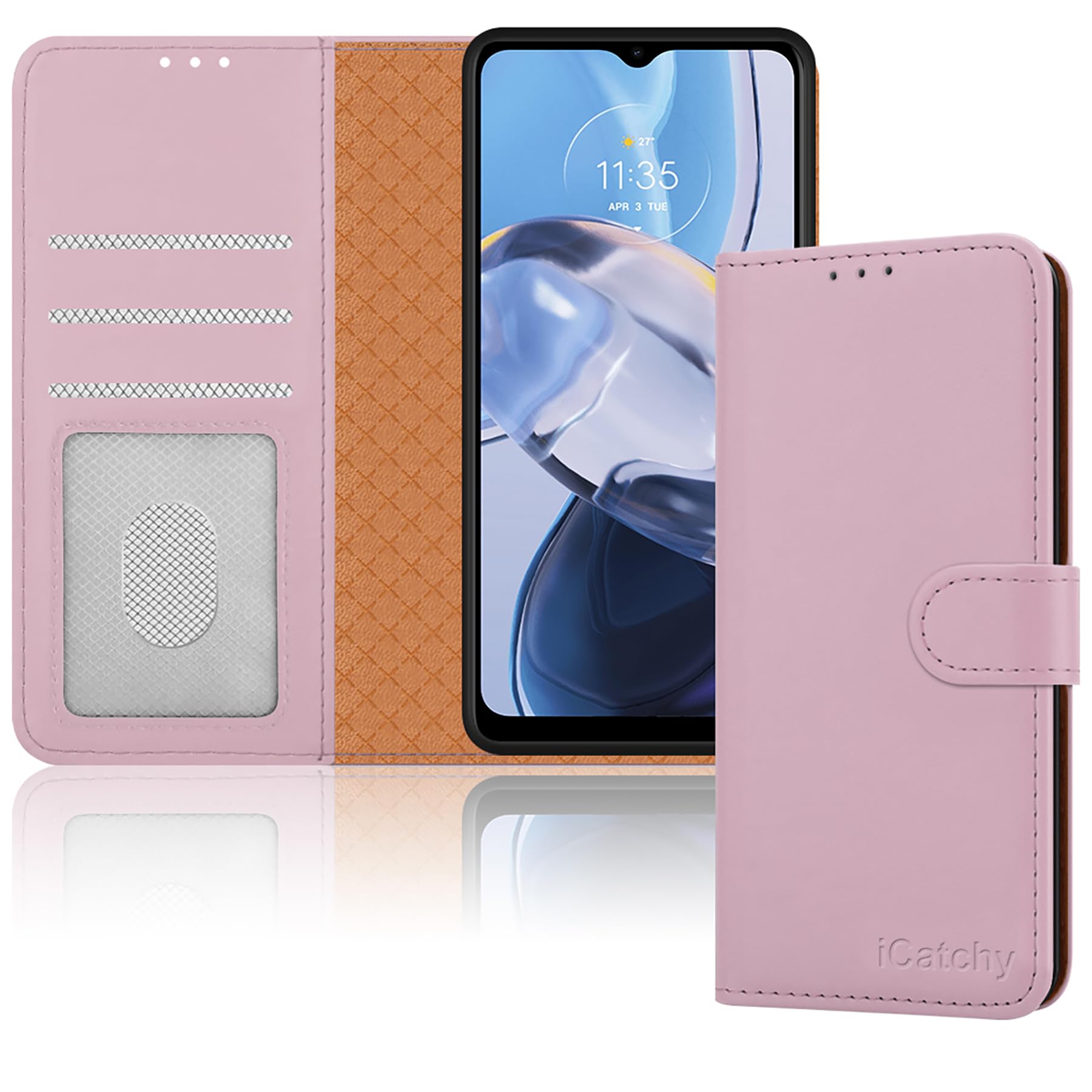 iCatchy for Motorola Moto E22 Case, Leather Wallet Book Flip Folio Stand View Magnetic Protect RFID Blocking Cover compatible with Motorola E22 Phone (Rose Gold)