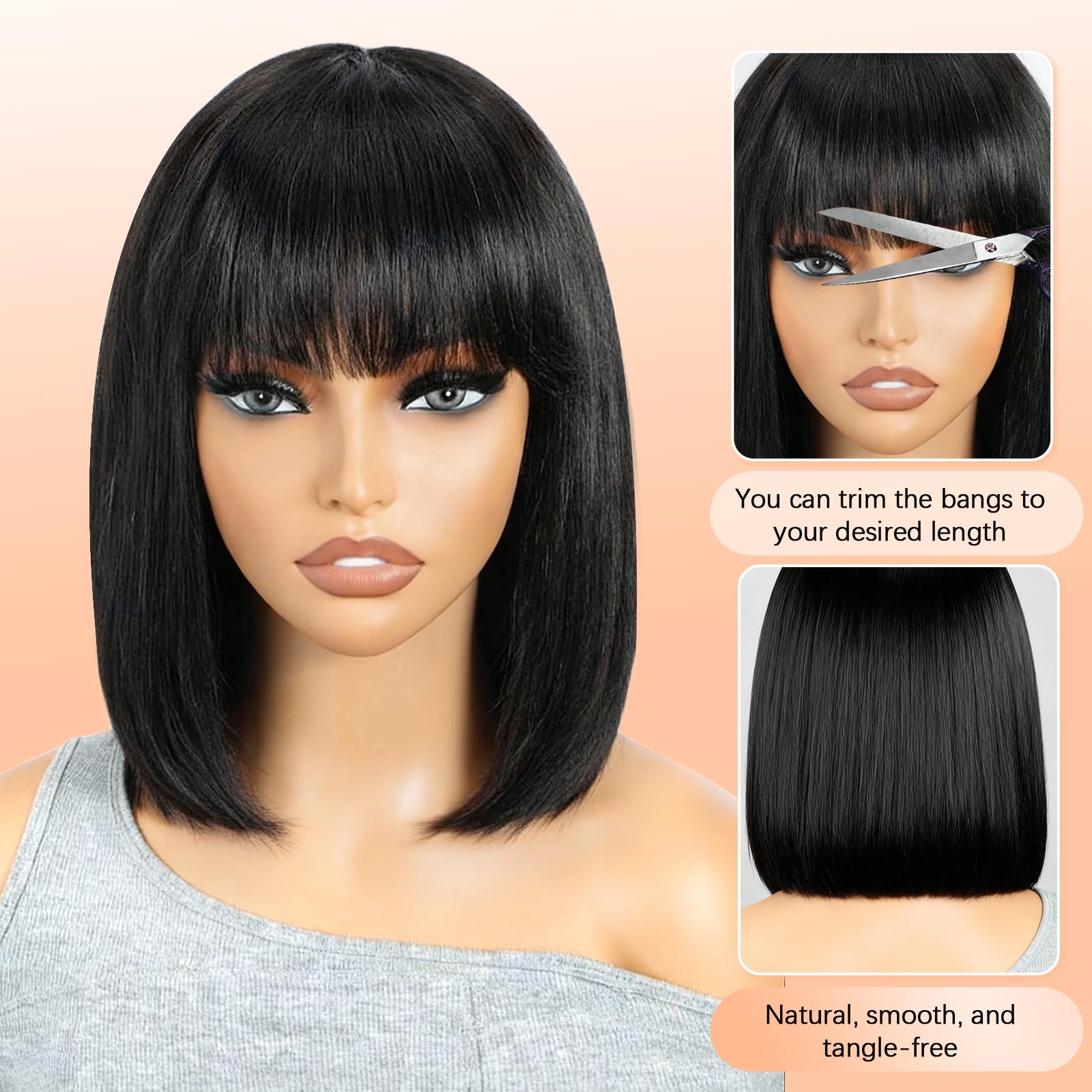 Condition photo showing New/Like New for bob bangs human hair wig silky straight glueless wigs human hair 180% density machine made wigs for women 12inch 12 inch soft black
