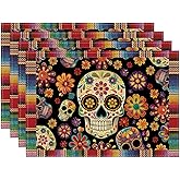 Artoid Mode Flowers Sugar Skull Mexican Day of The Dead Placemats Set of 4, 12x18 Inch Dia De Los Muertos Seasonal Table Mats for Party Kitchen Dining Decoration
