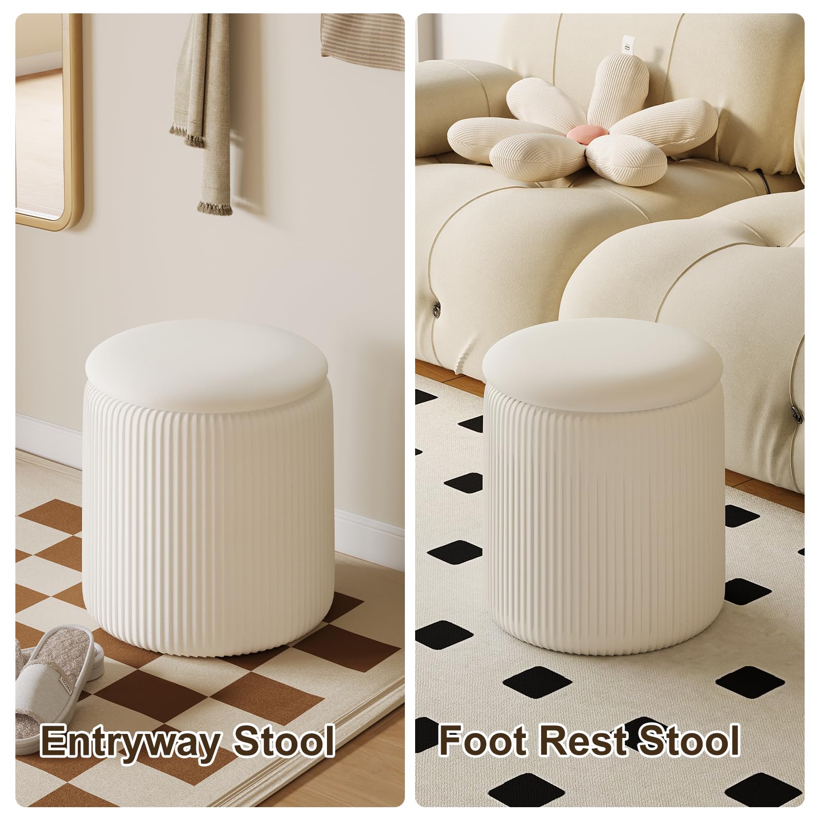 Round Ottoman with Storage Set of 2, White Vanity Stool, Upholstered Velvet Storage Ottomans, Makeup Chair Seat for Bedroom, Small Pouf Footstool for Living Room - Image 8